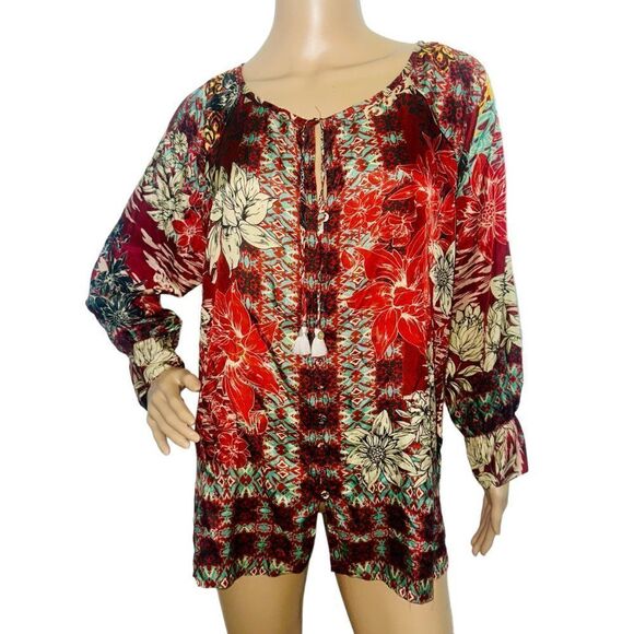Johnny Was Silk IKAT Blise Blouse Gorgeous Rich Red Colors Classic Fit Boho XS - Picture 5 of 9